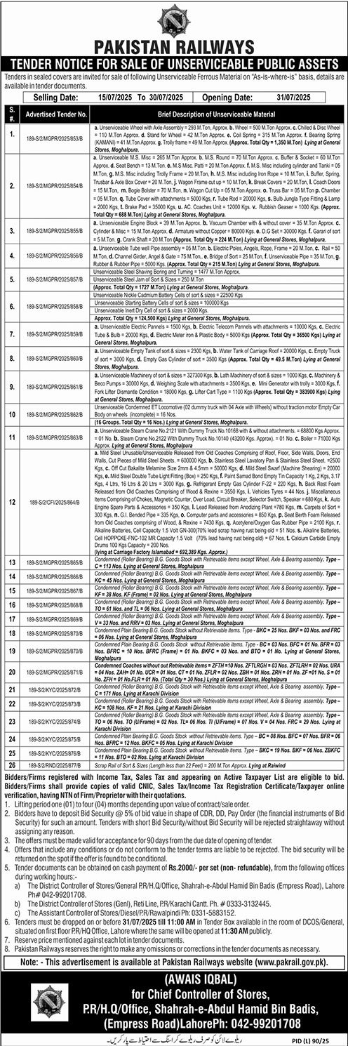 Pakistan Railways Lahore Tender Notice